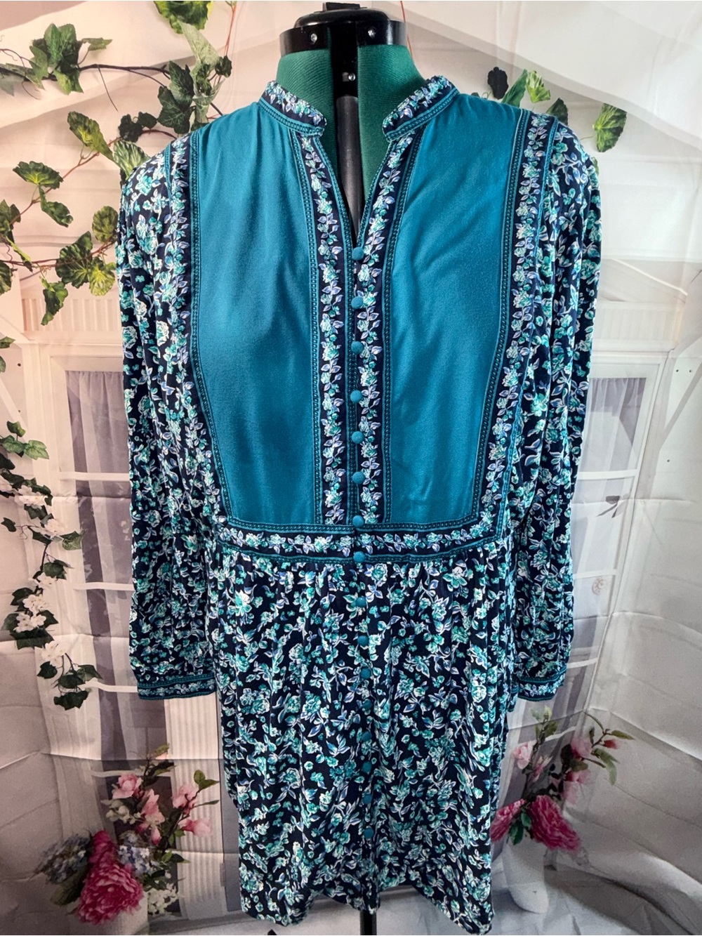 970-Woman Within Teal and Navy Floral Long-Sleeve Dress